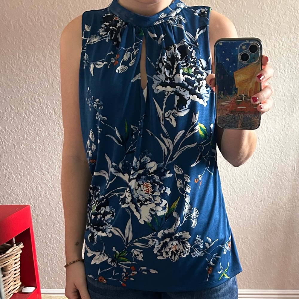 Blue flowery high neck blouse